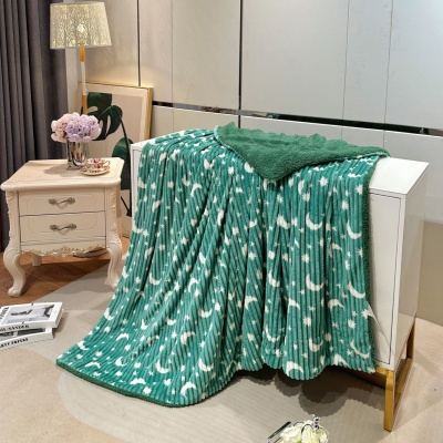 跨境新款星月抽条羊羔绒双层毛毯法兰绒毯子办公室午睡盖毯空调被