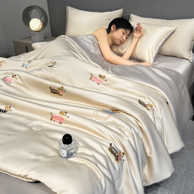 卡通刺绣小熊冰丝夏凉被床上四件套夏季丝滑裸睡空调被子床单床品
