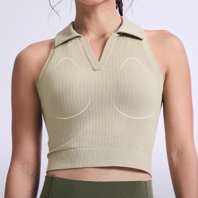 跨境新品纯色翻领运动背心女春夏健身上衣专业跑步户外运动内衣