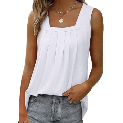 2025外贸爆款无袖方领背心t恤女纯色褶皱燕尾吊带时尚内搭上衣