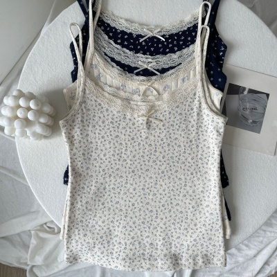 BM夏季纯欲性感碎花蕾丝蝴蝶结吊带背心女时尚修身显瘦内搭上衣