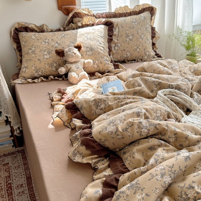 新款复古风双层纱水洗棉夏被四件套床单床笠款床品花边空调被薄被