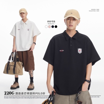 CATTEE男装 美式复古纯色套头POLO衫男 重磅220g潮流宽松短袖T恤