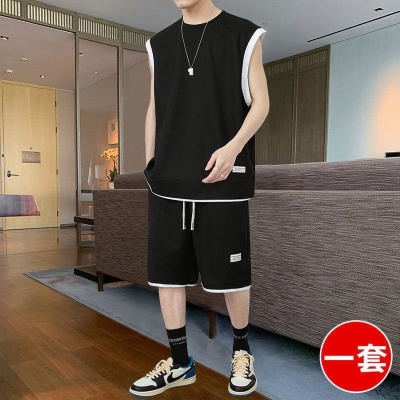 夏季男士宽松短袖华夫格休闲背心短袖假两件两件套运动短裤套装潮