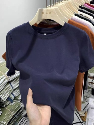美式纯棉辣妹修身短袖内搭2025新款圆领正肩港味上衣设计感T恤女