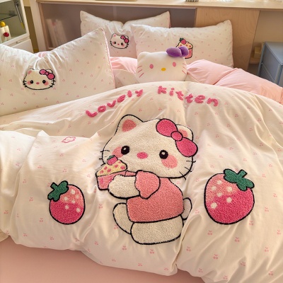 A类ins风超柔云朵棉毛巾绣四件套少女心全棉被套大学生宿舍三件套