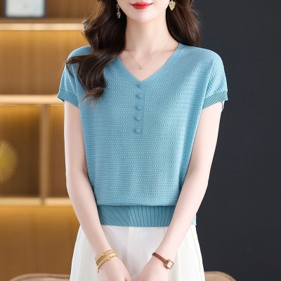 鸿3570夏季新款大码短袖外穿冰丝针织衫夏装上衣洋气宽松薄款T恤