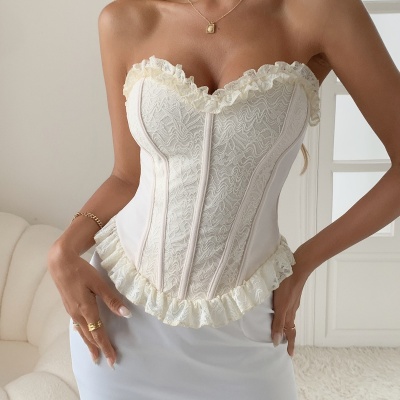 跨境欧美纯欲风辣妹小众高级感蕾丝拼接可束腰显瘦抹胸上衣女外穿