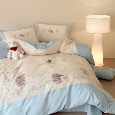 A类公主风全棉水洗棉四件套高精密蝴蝶刺绣纯棉被套床单床上用品4