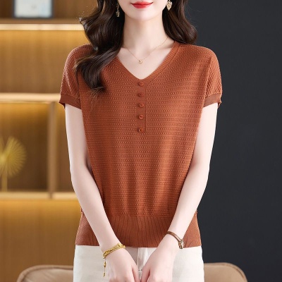 鸿3570夏季新款大码短袖外穿冰丝针织衫夏装上衣洋气宽松薄款T恤
