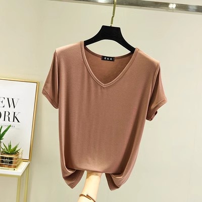 夏季纯色莫代尔v领短袖T恤女大码内搭打底衫薄款外穿韩版宽松上衣