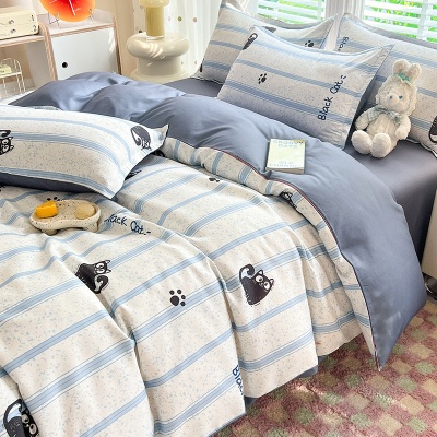 床上四件套纯水洗棉全被套罩宿舍单人学生床品床单条纹猫三件套