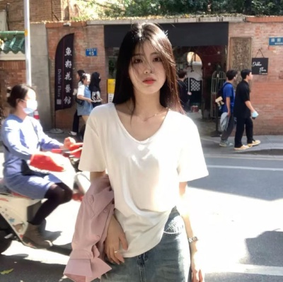 【厂家直销】纯色大领口短袖t恤女宽松休闲显瘦内搭V领打底衫潮牌