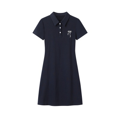 纯棉学院风蝴蝶结刺绣polo领连衣裙女夏季设计感小众收腰显瘦裙子