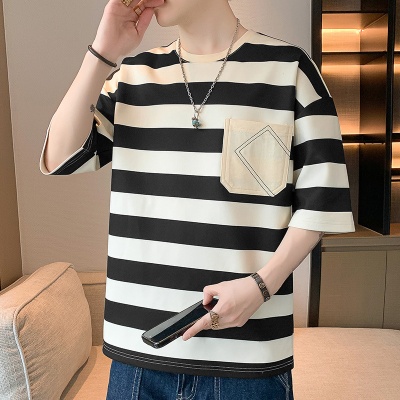 夏季新款男士短袖T恤男港风潮牌宽松圆领五分袖isn百搭半袖上衣潮