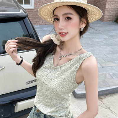 女华夫格微透宽肩带休闲背心夏季慵懒风外穿亚麻宽松v领内搭吊带