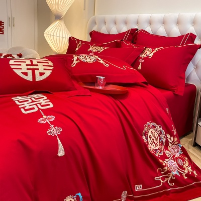 批发大红色婚庆四件套中式婚嫁新婚刺绣被套婚房结婚陪嫁床上用品