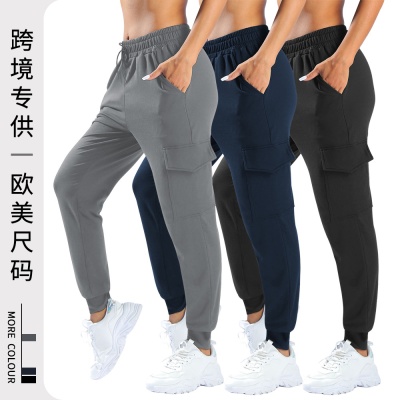 跨境现货欧码抽绳工装口袋束脚裤系带宽松休闲多口袋束脚运动裤女