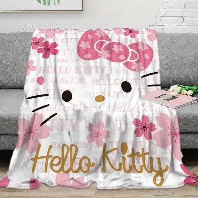 跨境新款三丽鸥周边印花毛毯KT猫法兰绒毛毯可爱卡通hellokitty盖