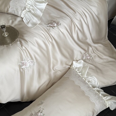 新款高端天丝四件套夏季浪漫粉色玫瑰花边冰凉感床笠被套床上用品