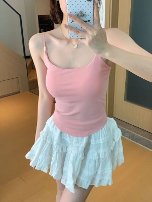 2025款夏季纯欲褶皱细肩带可调节珍珠设计吊带背心女收腰显瘦内搭