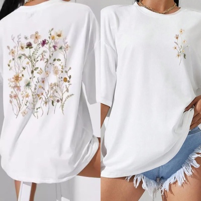 跨境外贸宽松棉T恤衫女清新卡通印花短袖透气短袖上衣宽松大码T