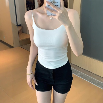 2025款夏季纯欲褶皱细肩带可调节珍珠设计吊带背心女收腰显瘦内搭