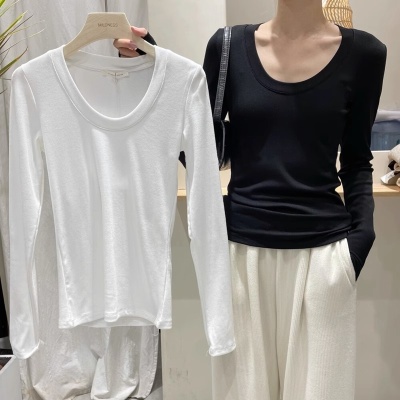 黑色打底衫女长袖2023早秋新款大圆领休闲t恤高级感螺纹上衣内搭