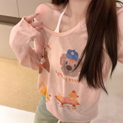 罩衫女夏薄款松弛感小狗印花T恤女防晒罩衫2025夏季薄款打底上衣