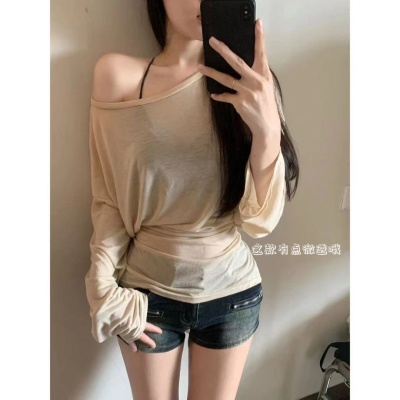 夏季时尚绑带罩衫宽松长袖T恤女小众薄款设计感微透上衣