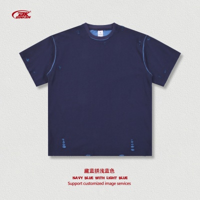 BK男装双面穿纯棉短袖240g磨破做旧美式复古t恤男宽松休闲短袖夏