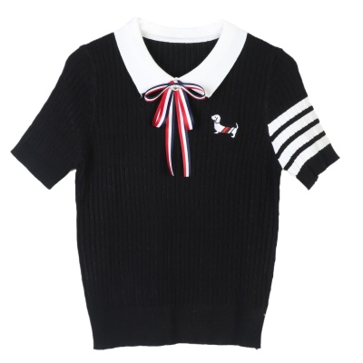 tb针织衫女短袖蝴蝶结刺绣小狗针织衫简约四条杠POLO领tb针织衫潮