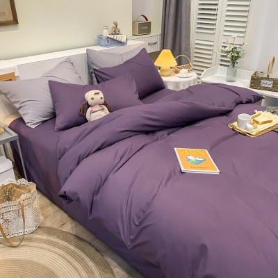 厂家批发撞色磨毛纯色床上用品四件套 简约三件套被套一件代发
