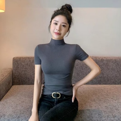 新款安可拉红半高领短袖T恤打底衫女内搭夏春秋 2024新款洋气上衣