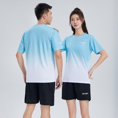 渐变运动套装女士夏季健身短袖T恤速干衣服跑步宽松休闲运动大码