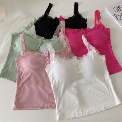 纯欲风法式吊带背心女带胸垫内搭外穿性感蕾丝小众纽扣无袖打底衫