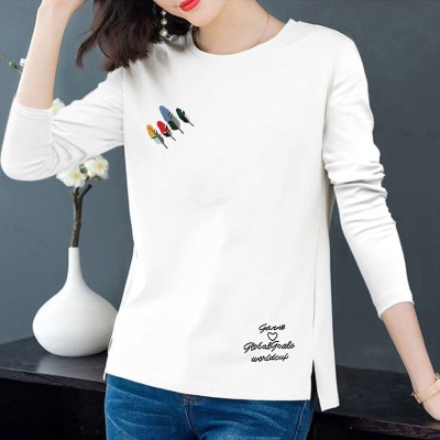 【100棉】2024春季新风尚百搭纯棉圆领T恤开叉休闲宽松女式打底衫