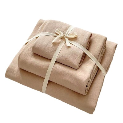 A类水洗棉可裸睡床上四件套纯色亚麻被套床单床笠学生宿舍三件套