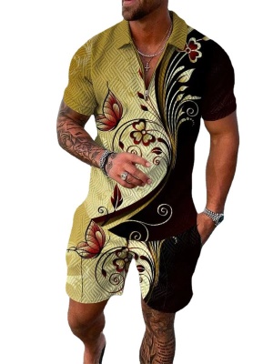 独立站金色3D时尚拉链polo衫套装男士休闲3D印花Polo衫短裤2件套