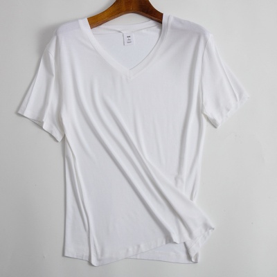 夏季v领短袖宽松t恤莫代尔2023新款气质通勤女装纯色打底衫TR6144