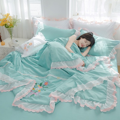空调被夏凉被四件套冰丝夏季公主风可爱少女单双人真天水机洗透气