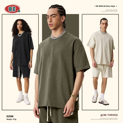 BE男装|2025夏季重磅跨境大码圆领纯棉t恤落肩宽松美拉德短袖男潮